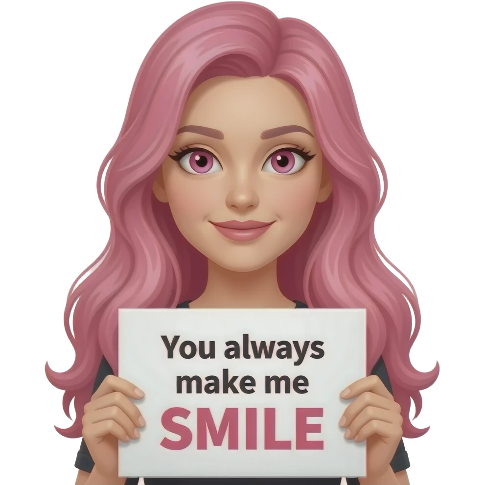 sexy girl with long pink hair and pink eyes wearing a holding a You always make me SMILE sign emoji