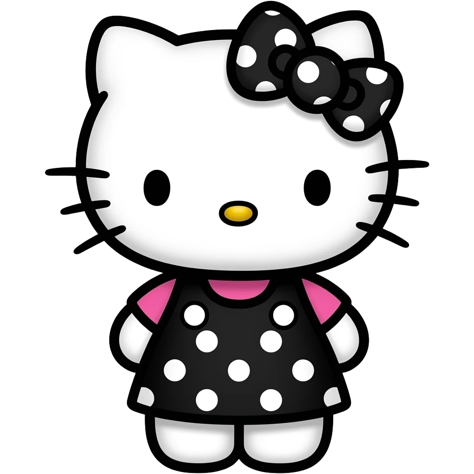 hello kitty wearing black with white polka dots skirt and a hot pink shirt with a black with white polka dots bow emoji