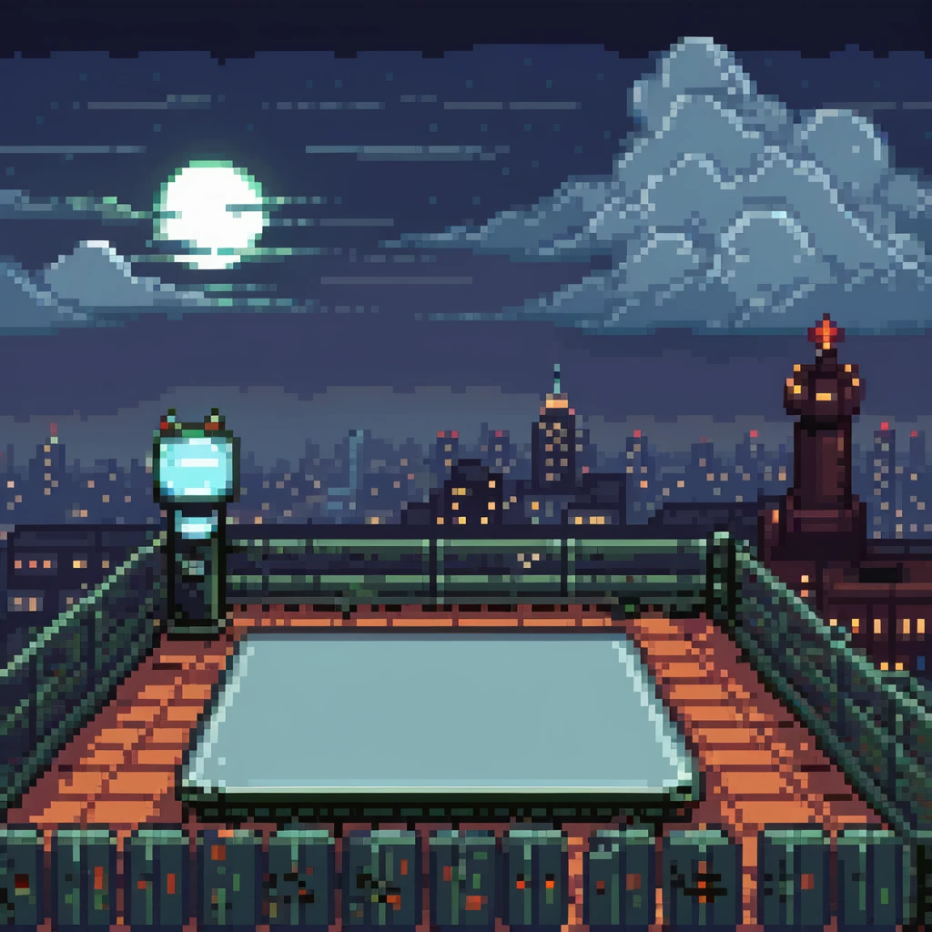 Pixel art rooftop at night, helipad, fence, distant city lights, glowing billboard, cloudy sky, 9:16 vertical scene, side view, retro 2D fighting game background
 emoji