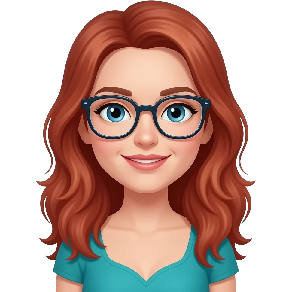 AJM - woman, glasses, faded red hair, blue eyes, teal dress emoji