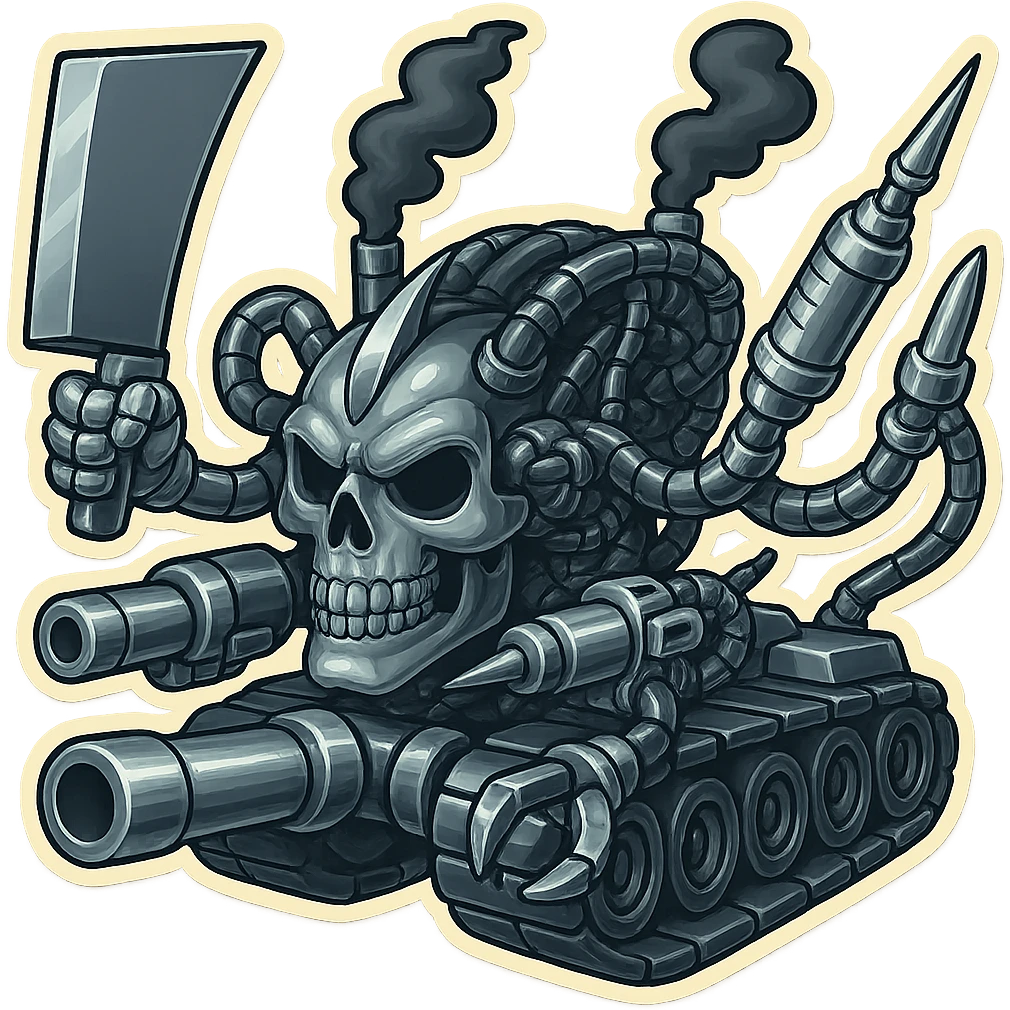 Create a skull robot tank with 4 distinct arms, each hand holding a different weapon: a large industrial blade, a blaster, a menacing syringe, and a claw. The exterior metal is extra shiny silver grey, with inside cables and tech almost black. Smoke from the top is dark shaded. The skull face is positioned low and forward, similar to the attached references. Use retro stickers style with clean outline, compact proportions, and transparent background. emoji