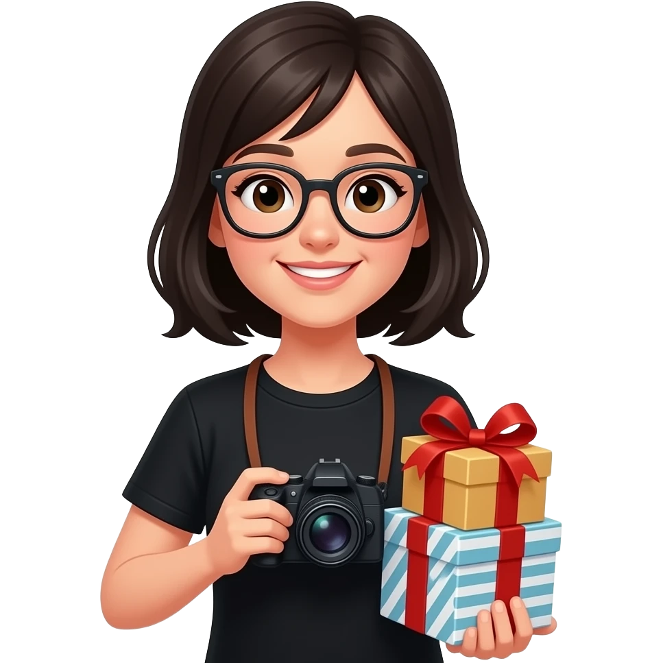 black haired girl wearing glasses and black shirt with gifts and camera emoji