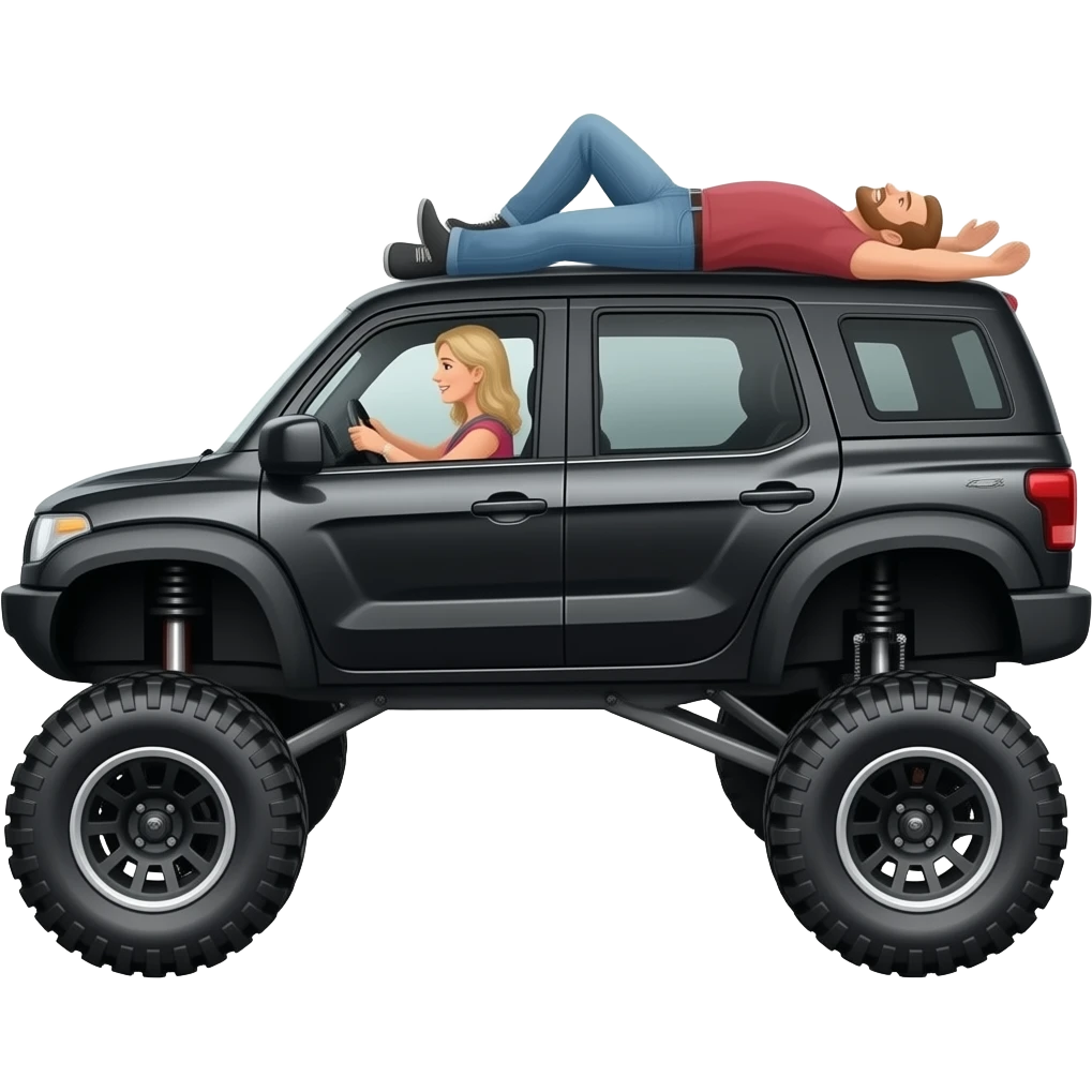 Black side view 4 door Polaris ranger sxs  lifted super high with mom (blonde) and driving  and dad laying on top of roof  on his belly playing emoji