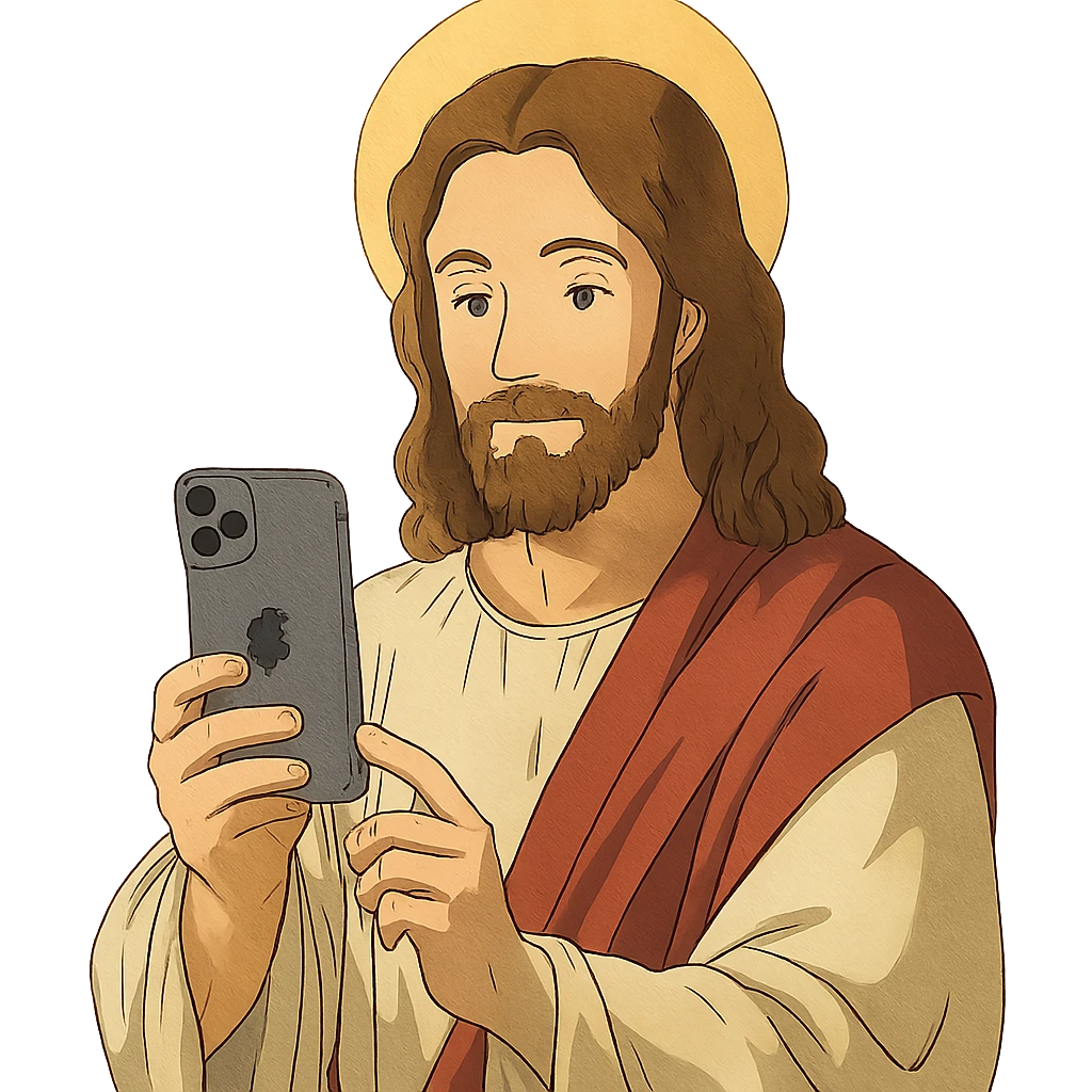 Jesus holding an iPhone, detailed, ghibli style emoji