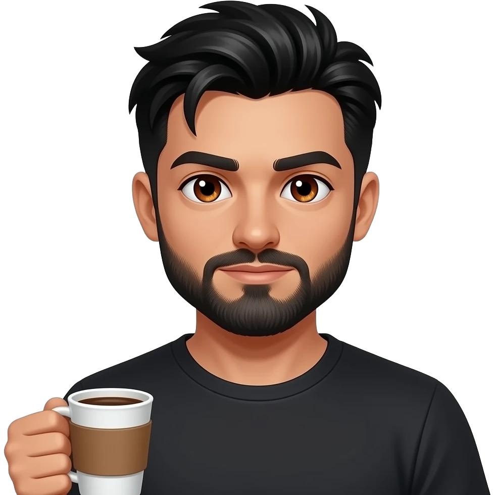 Brown male, black tapered messy hair, Blank face, slightly slouched, holding coffee, with black short beard. Bloodshot eyes with darker eyebags, brown eyes, Normal face but tiny chaos inside (maybe fire emoji in eyes) emoji
