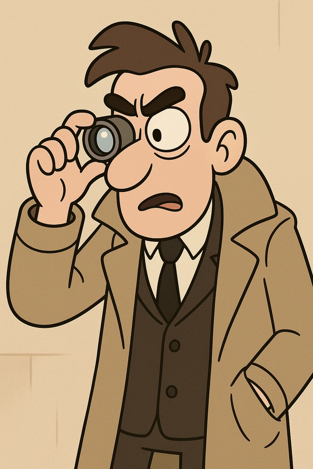 a cartoon investigator in a long coat, peering through a jeweler's loupe, curious expression, cartoon style emoji