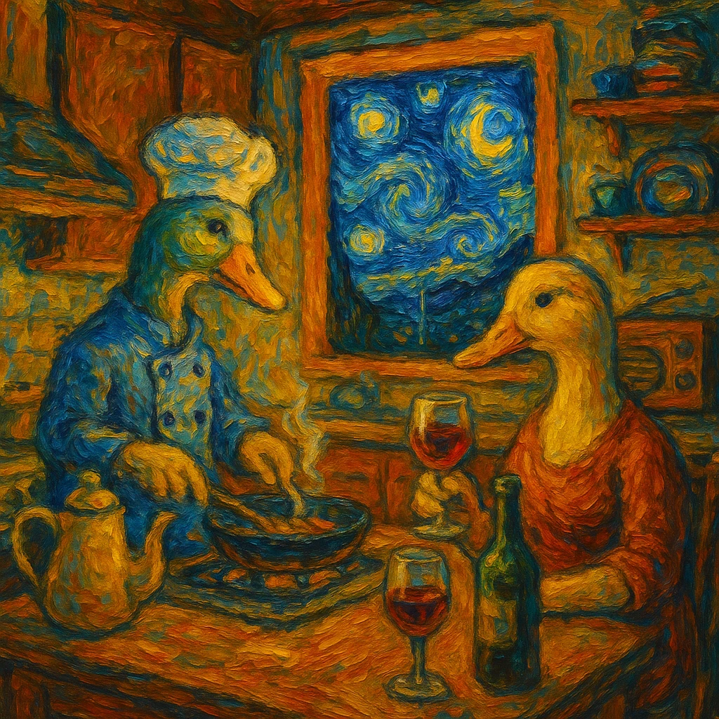 Cozy kitchen in Van Gogh style with male and female ducks cooking, drinking wine, listening to music, Starry Night sky through the window, 4:3 ratio, thick brush strokes, vibrant colors, intimate setting emoji