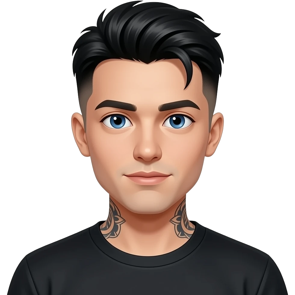 gars cheveux noirs low taper fade look dark beau et yeux bleus peau laiteuse pâle et tatoué 25 ans emoji