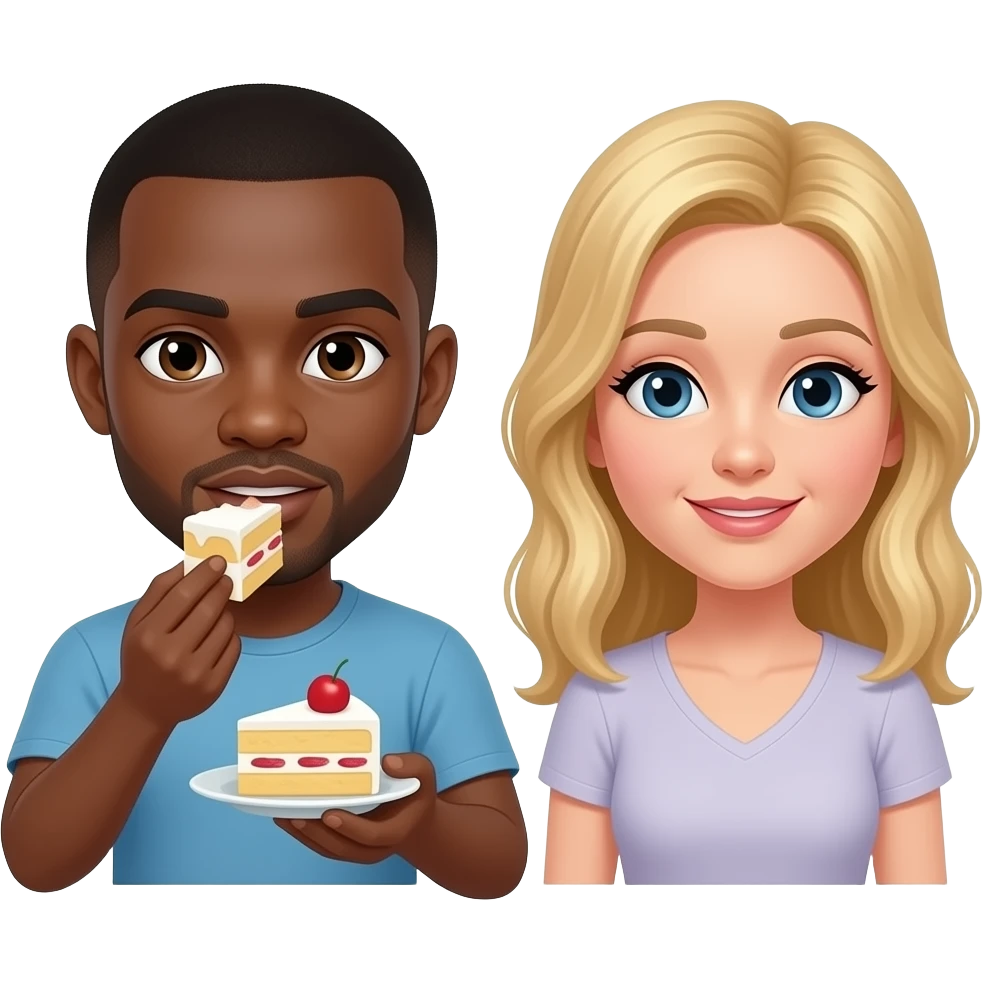 Black man with shaved head eating cake with blonde woman emoji