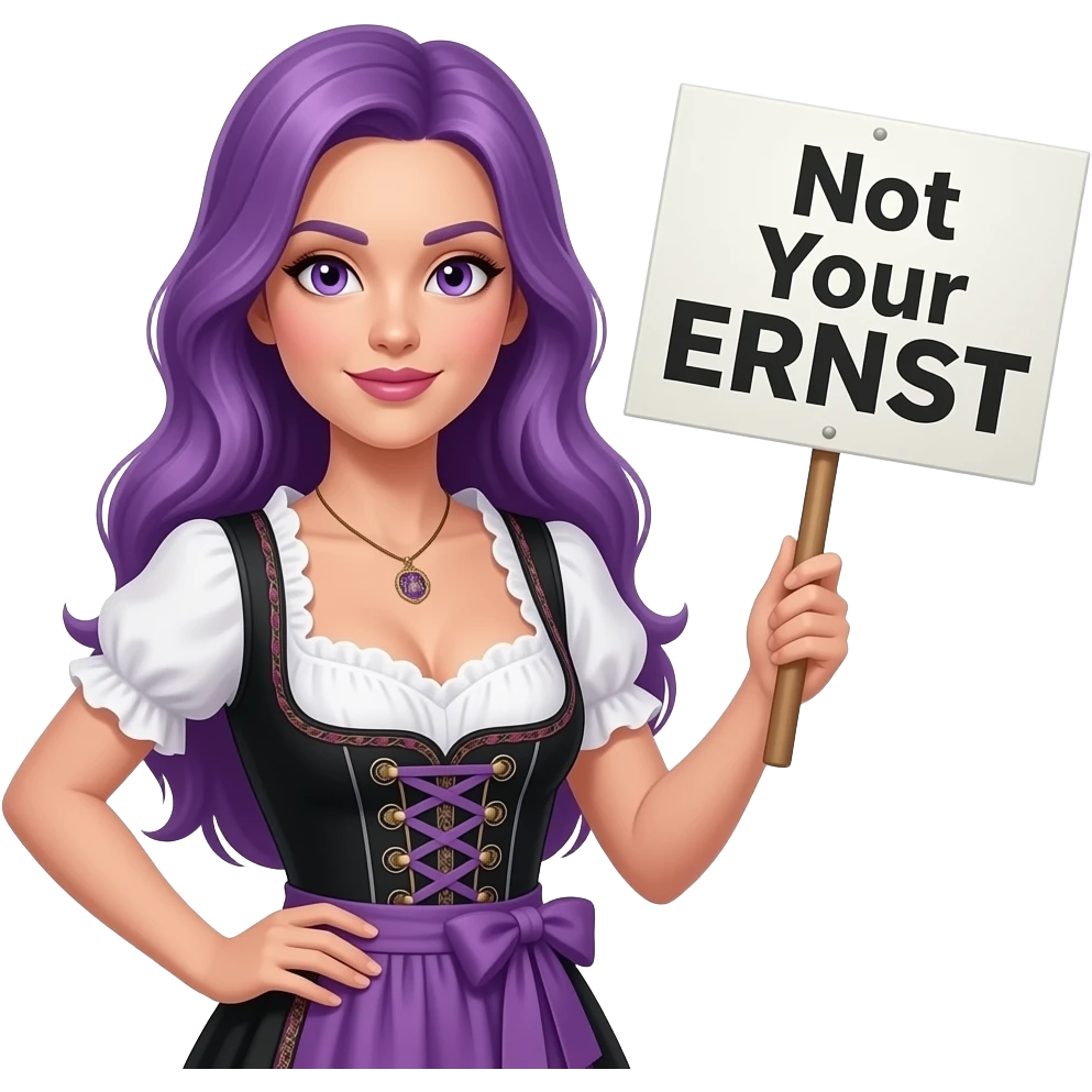 sexy girl with long purple hair and purple eyes wearing a dirndl holding a Not Your ERNST sign emoji