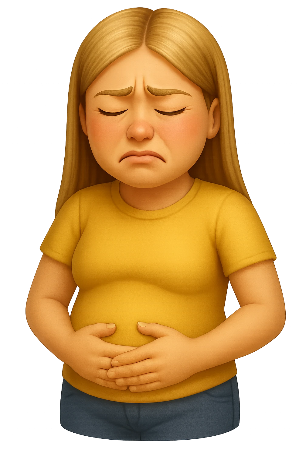 emoji stile iphone di donna con mal di pancia e pancia gonfia, iperrealistico 4k emoji
