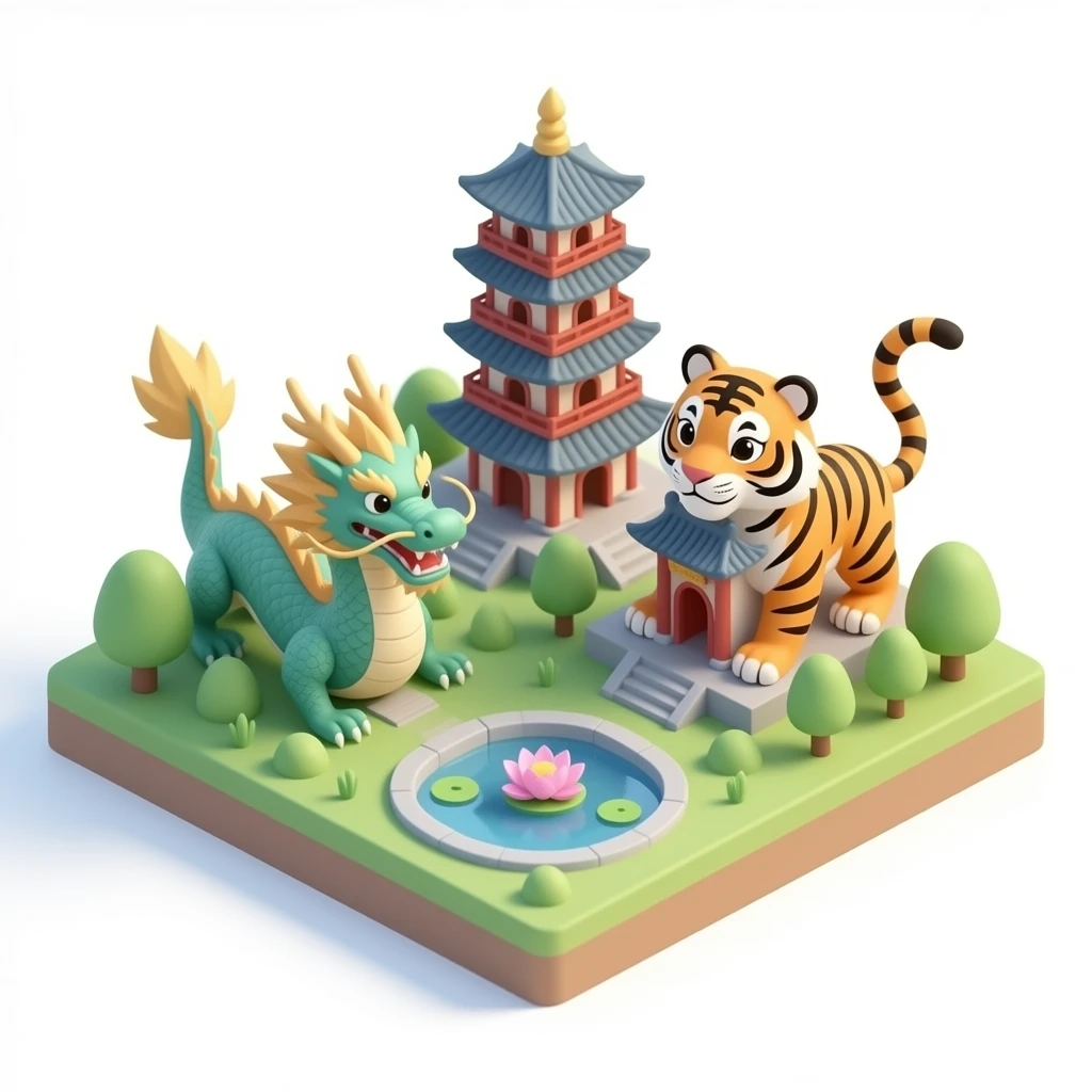 3D isometric miniature emoji of the Dragon and Tiger Pagodas, cute chibi style, glossy vibrant colors, dragon and tiger entrances, small lotus pond, soft lighting, clean minimal background, toy diorama look emoji
