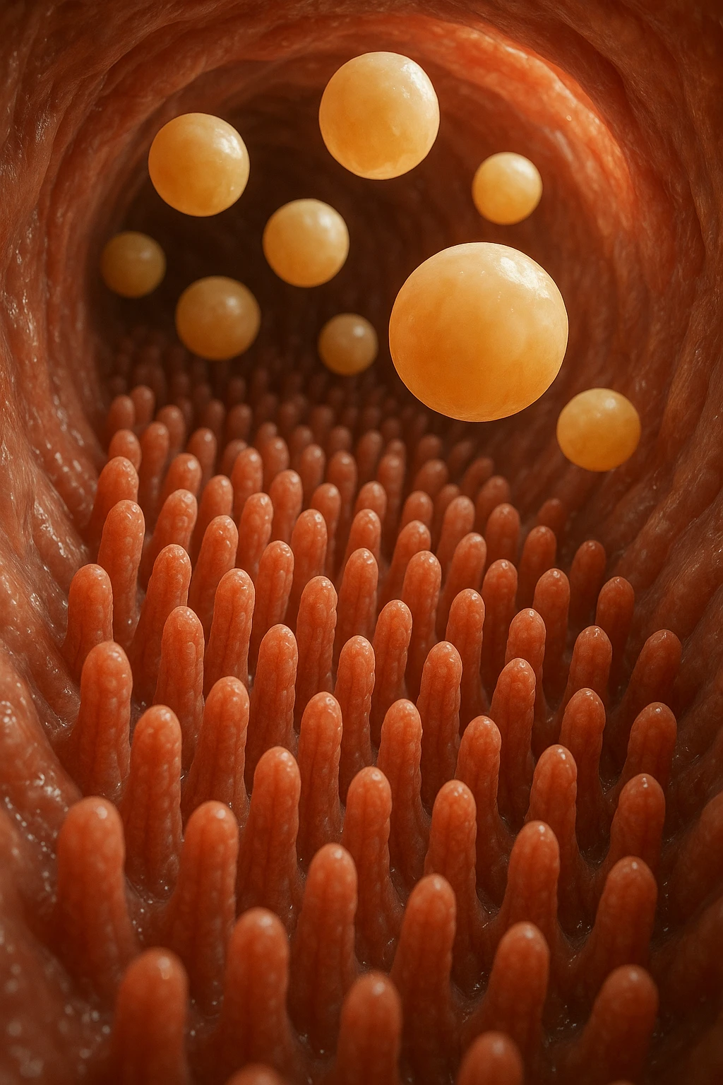 VILLI INTESTINALI CON CELLULE DI GRASSùO CHE CI FLUTTUANO SOPRA, INTERNO REALISTICO DI UN INTESTINO, IPERREALISTICO 4K emoji