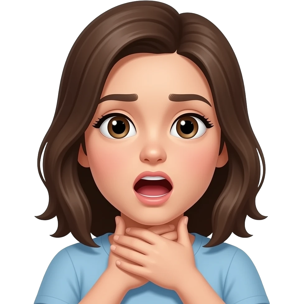 Girl choking herself with both hands,, mouth open expression emoji