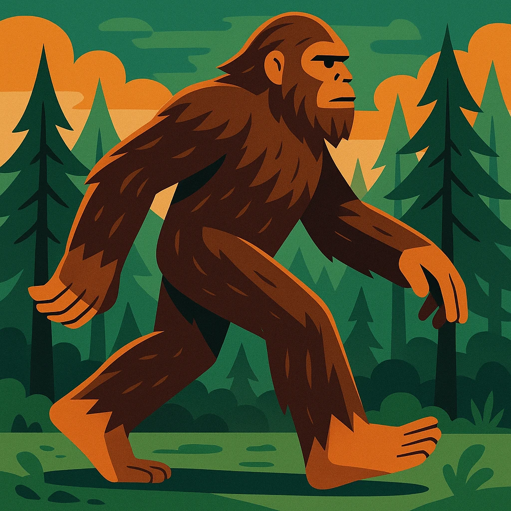 sasquatch striding in profile, classic cryptid look, brown fur, forest background, stylized illustration emoji