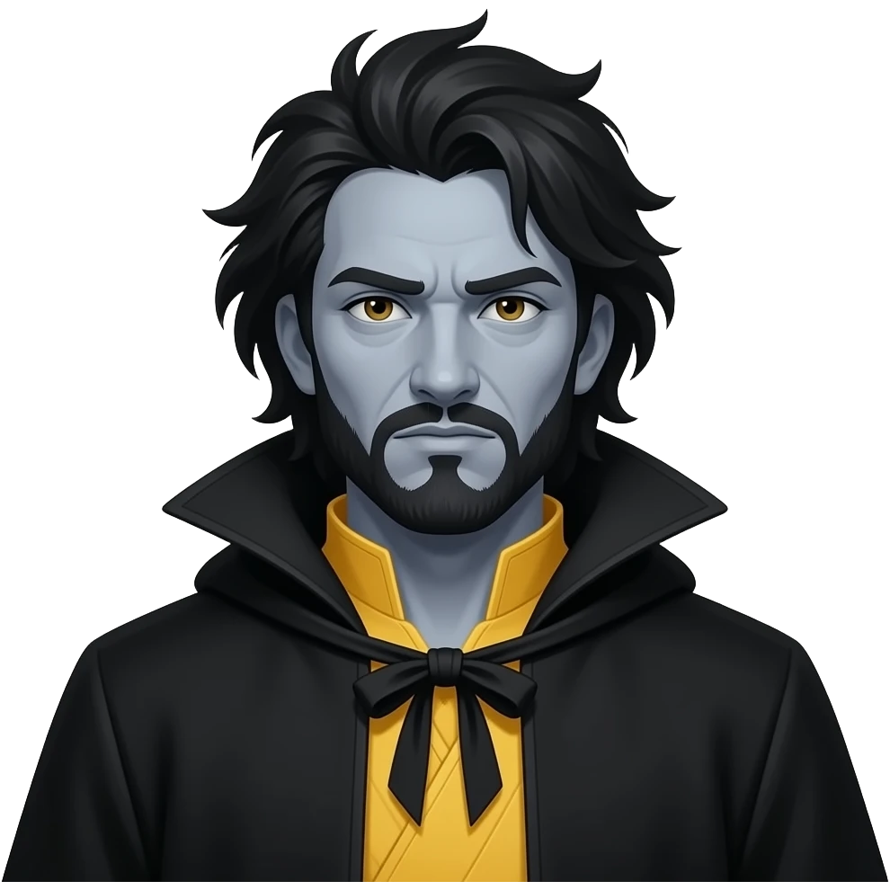 a Gray skined man with black crazy hair with a black cloke and yellow peuples emoji