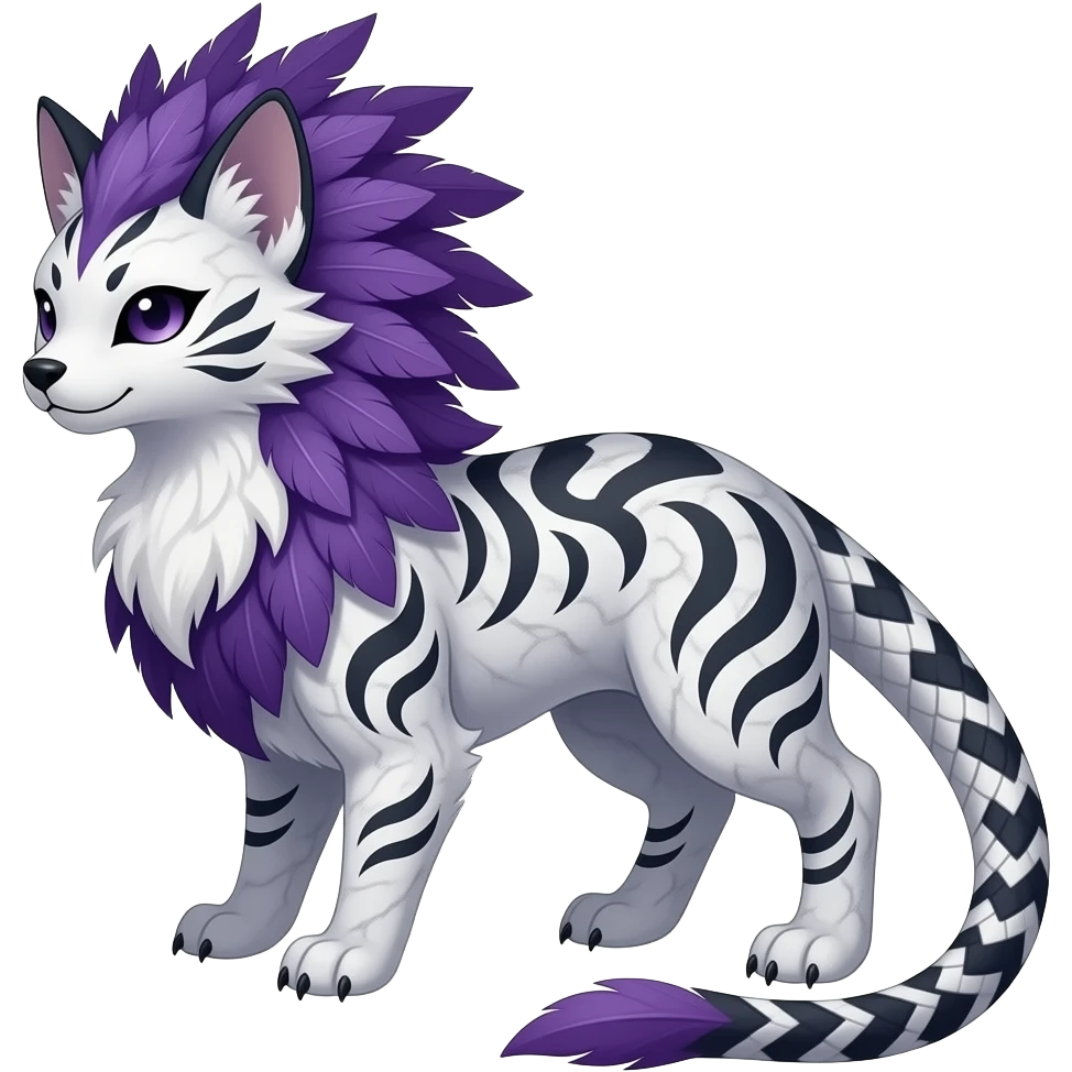 Slim elegant realistic marble-patterned Asian Furry, tribal-marked-patterned feathery fluffy tropical flecked painted feathery scaly, Purple, white, black, Minccino-Bambino-Lykoi-Linoone-Zangoose-fusion-hybrid-animal-Fakémon-creature, full body, thin long sleek scaly tail, intricate markings emoji