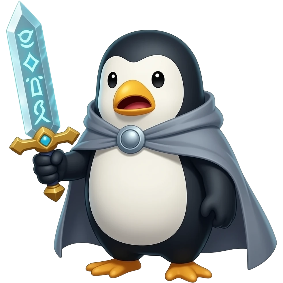 Gunter, the penguin of Adventure Time with an epic sword emoji
