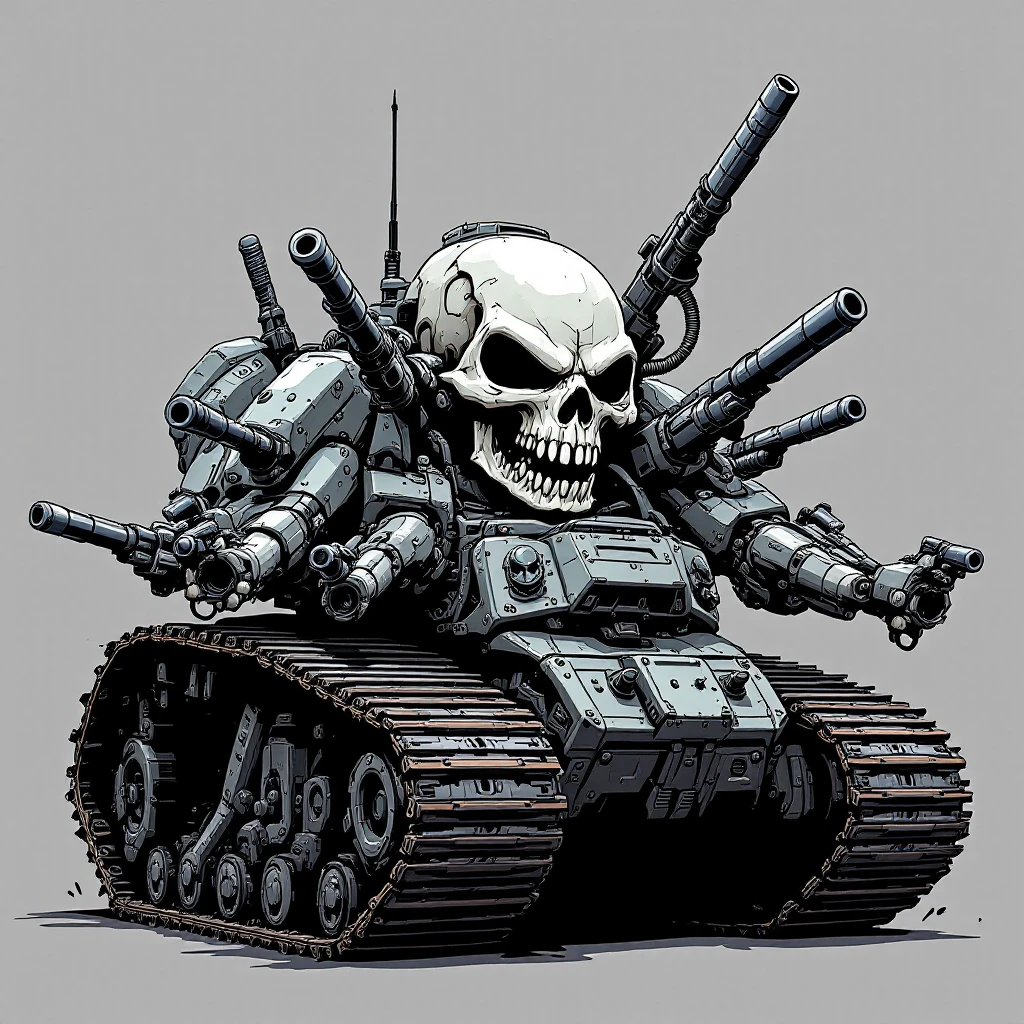 mean-looking skull tank inspired by the attached images, small and forward skull, multiple mechanical arms with guns and blasters, aggressive and menacing pose, heavy tank treads, clean outline, compact and wide proportions, no background emoji