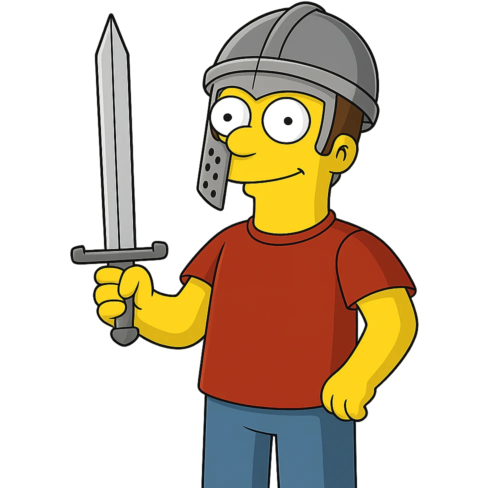 Regenerate the image keeping the same angle, facial expression, and size proportions of the character, but add a medieval helmet on the hero's head and replace the camera with a sword. The style should resemble The Simpsons with a transparent background. emoji