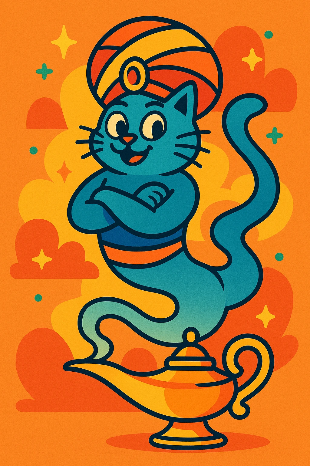 a genie cat with a turban, smoky ghost tail, floating and emerging from an oil lamp, vibrant cartoon style emoji