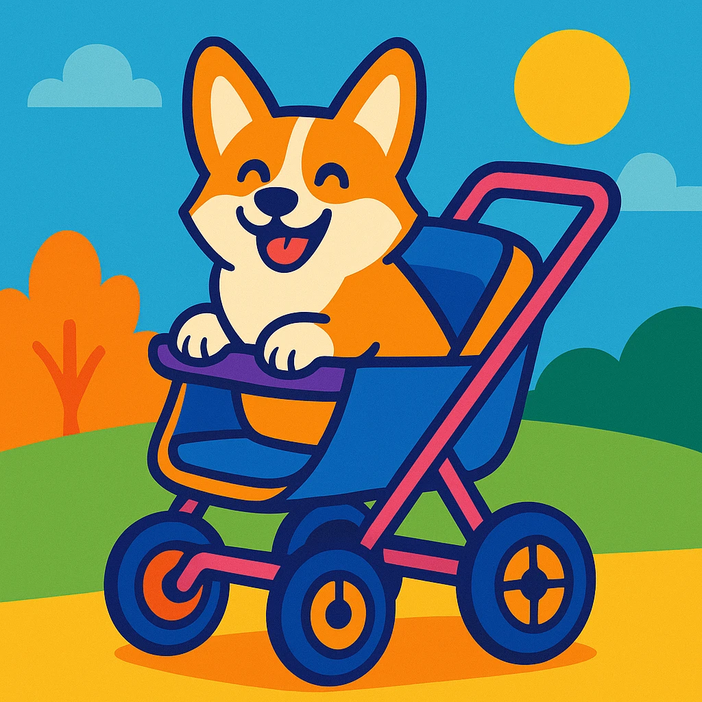 a smiling corgi riding in a stroller, fun and lighthearted, cartoon style, vibrant colors emoji