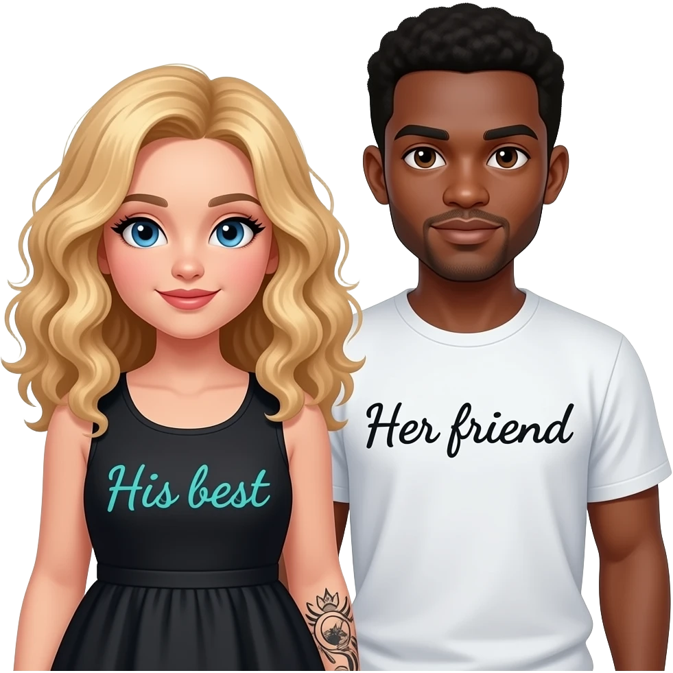 Plus size girl, Blonde curly hair, blue eyes, black tattoos on right lower arm, wearing no sleeve black summer dress saying “His best” written in teal cursive writing & African American man with black hair, brown eyes, NO facial hair, saying “Her friend“  on his shirt emoji