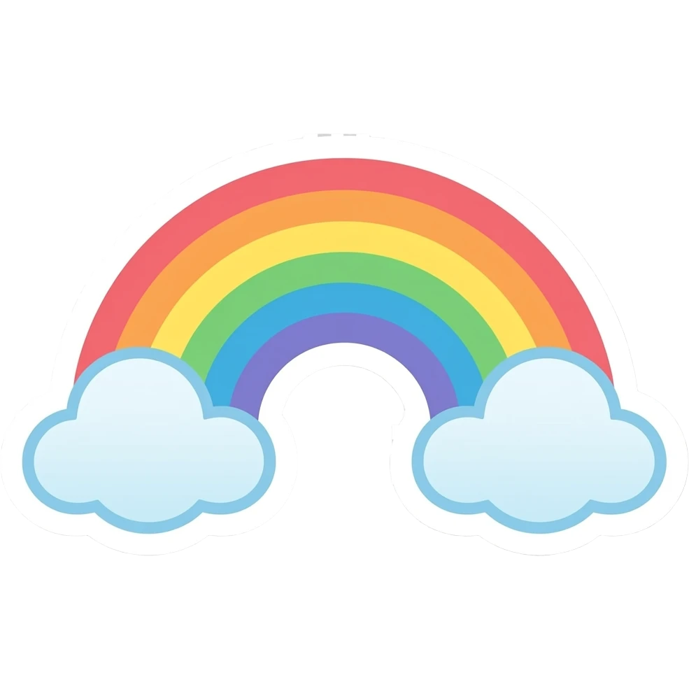 minimal roygbiv rainbow with clouds sticker, elegant thin stroke, pastel tones, clean vector design, no background, modern aesthetic, 8k emoji