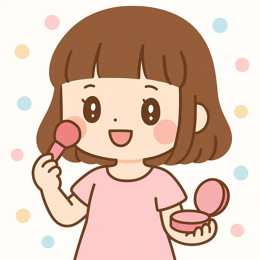hime-cut brown hair girl in a light pink dress, putting on makeup, charming and lively emoji