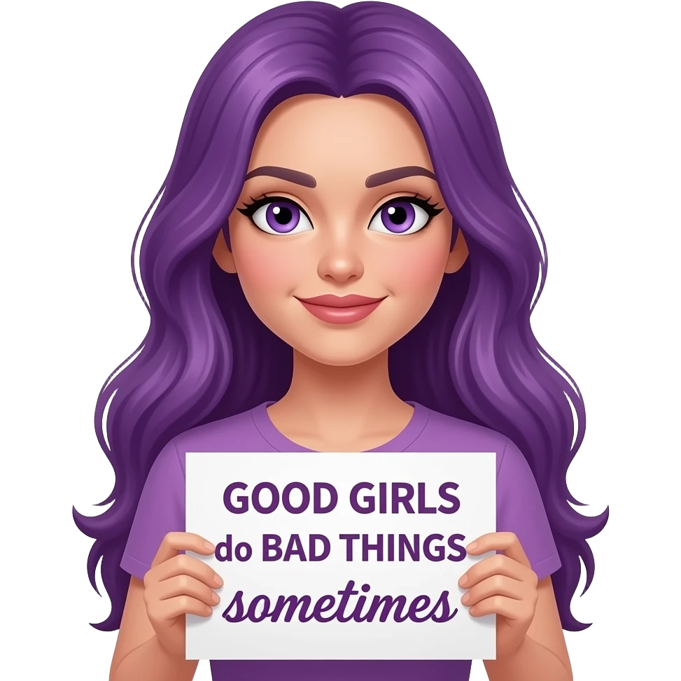 sexy girl with long purple hair and purple eyes holding a GOOD GIRLS do BAD THINGS sometimes sign emoji