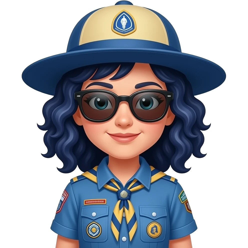 scout girl with very blue scout uniform including hat, dark blue curly haired and sunglass emoji