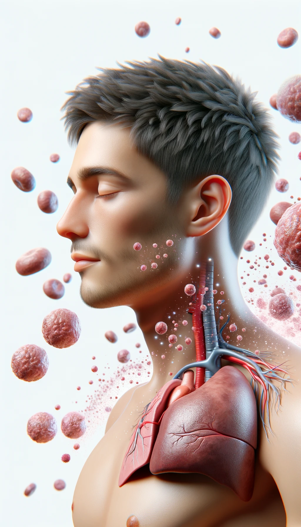corpo umano anatomico con capelli corti e gli occhi chiusi, intorno a lui fluttuano cellule, fegato in evidenza, ha l'espressione rilassata, visto dal fianco iperrealistica 4k, isolato su sfondo bianco emoji