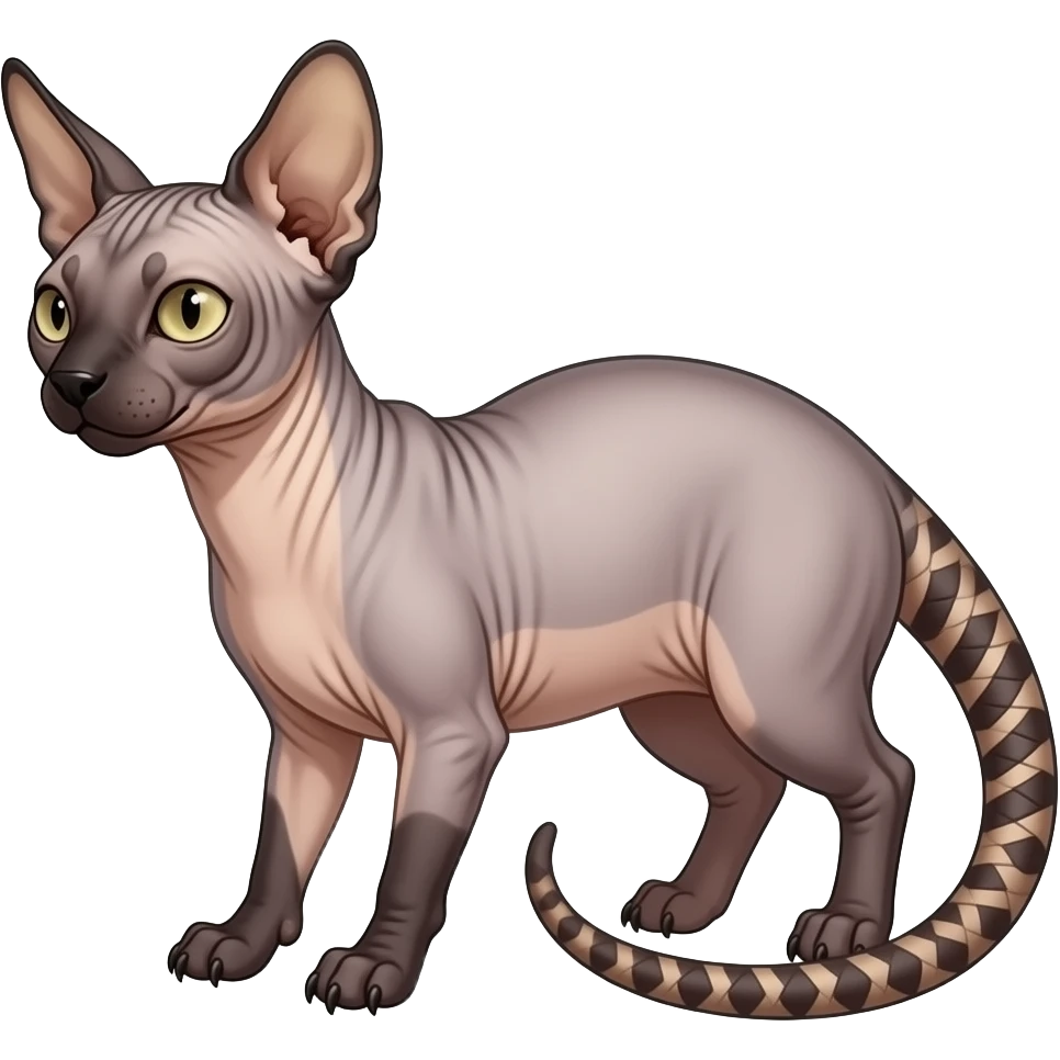 Oriental Painted Zooming Happy Realistic Star-swirled Zany Minccino-Opossum-Numbat-Lykoi-Sphynx-Zangoose-fusion-hybrid-animal-Fakémon-creature, full body, thin long sleek scaly tail, intricate markings emoji