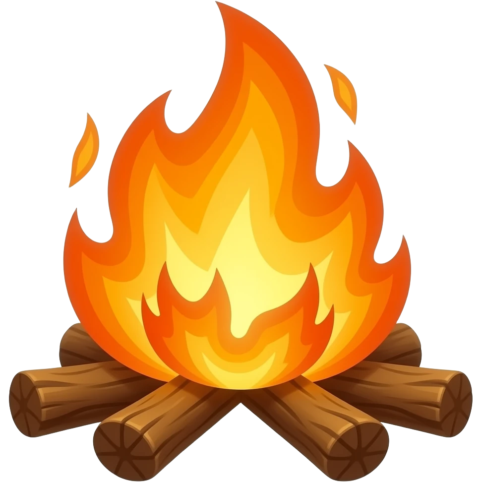 A campfire with wooden legs and with glowing orange eyes facing forward facing forward emoji