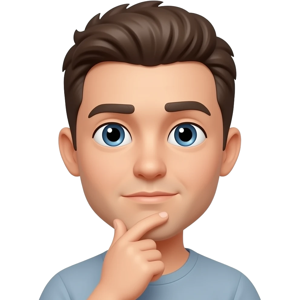 CONFUSED / THINKING (2 STAR) One eyebrow raised Eyes looking slightly sideways Mouth small and unsure One mirror-hand touching chin (thinking pose) Slight head tilt emoji