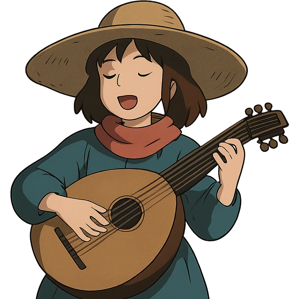 A female bard with a sturdy straw hat, playing a fat lute and singing, night time shadows   emoji