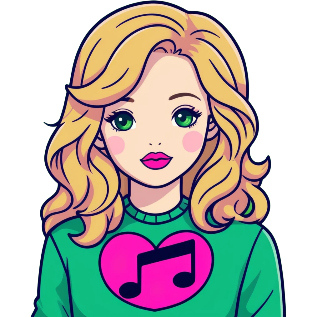 Pale skin wavy long brown hair blonde highlights, big green eyes, hot pink lips, female wearing green long sleeve shirt with black color music note on the front emoji