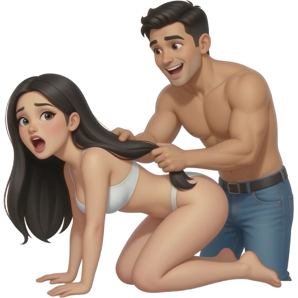 skinny white girl with long straight black hair nude in doggy style, slightly tanned slim guy short black hair average build grabbing her hair from behind explicit penetration, he looks excited, she moans in pleasure, both naked, realistic emoji