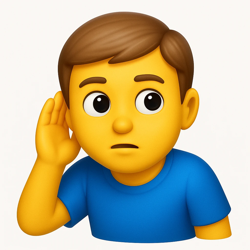 A 3D emoji in iOS emoji aesthetic style of a person wearing a blue t-shirt, holding one hand to their ear while leaning slightly forward as if trying to listen carefully, curious and attentive expression, glossy Apple

 emoji