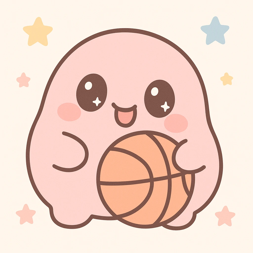 pink blob character holding a basketball, making a funny face, kawaii style emoji
