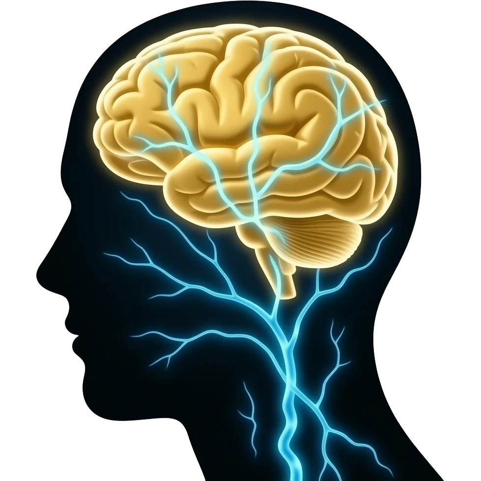 human silhouette with visible glowing gold brain inside, neural connections lighting up emoji
