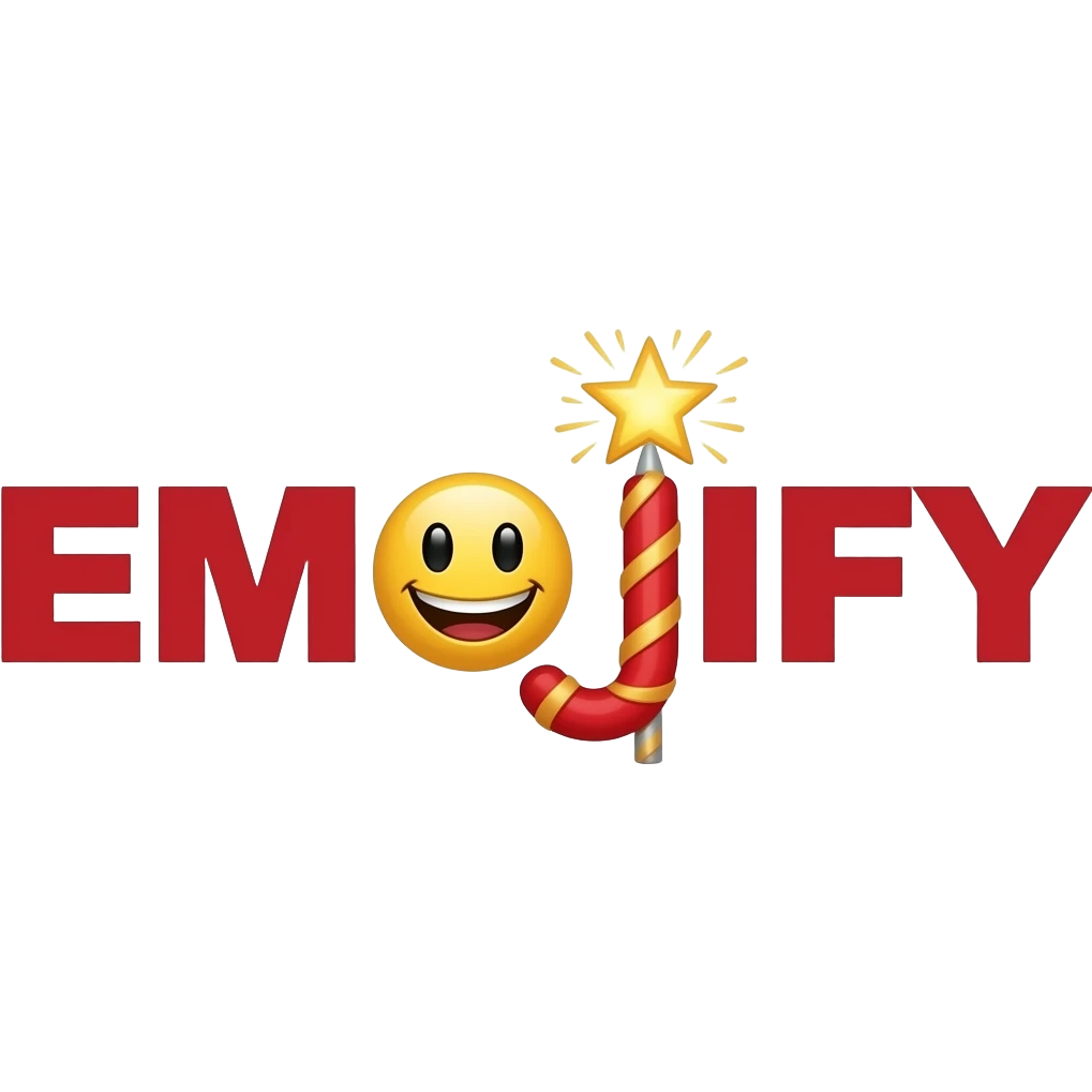 Red text "EMOJIFY" is stretched in height and width. Letter "O" is a smiley face. Letter "J" in the form of a magic wand with sparkles a on the end. Pixel style. emoji