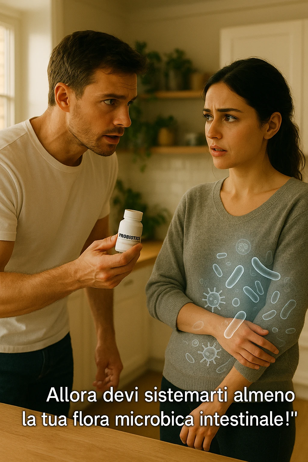 A hyper-realistic, cinematic photo of a young couple in their early 30s having a tense but calmer discussion in a bright modern kitchen. The man, fit, wearing a plain white T-shirt, holds a small probiotic supplement bottle in one hand, leaning slightly forward with a concerned yet firm expression, saying: 'Allora devi sistemarti almeno la tua flora microbica intestinale!' The woman, with dark hair in a loose ponytail, wearing a comfortable home sweater, stands with arms partially crossed, looking at him with a doubtful and confused expression, eyebrows slightly raised, lips parted as if about to respond but uncertain. Around them, faint translucent overlays of microscopic gut flora and bacteria symbols swirl softly near the woman’s abdomen, symbolizing the issue of her imbalanced gut microbiome. The kitchen is bathed in warm natural light, with green plants adding a sense of health and life, while the couple remains in sharp focus. The color palette is warm, with soft shadows and shallow depth of field highlighting the emotional tension yet care in the conversation, visually representing the discussion about gut health within the relationship emoji