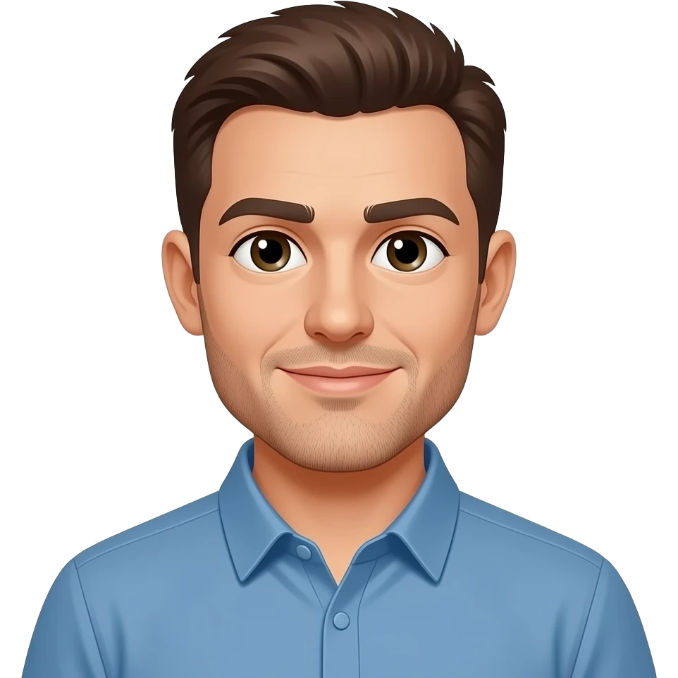 Man in a blue shirt and a brown buzz cut with a brown stubble emoji