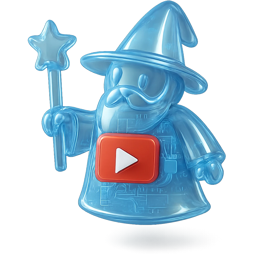 wizard with YouTube play button, glossy circuit style emoji