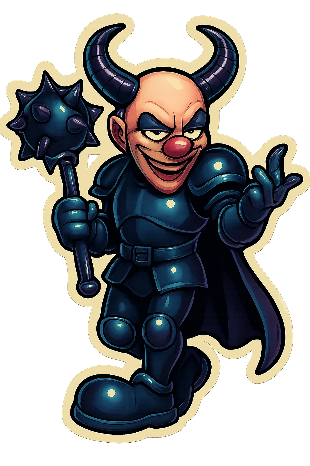 A sinister armored clown with no hair, ram horns pointing up, masculine and powerful build, glossy black on matte black armor, short cape, large black clown shoes, standing with legs crossed, one arm down holding an oversized spiked mace, the other hand gesturing with a clawed hand, eyes barely open, evil smile, vibrant retro stickers style, no yellow aged tint, full body, transparent background. emoji