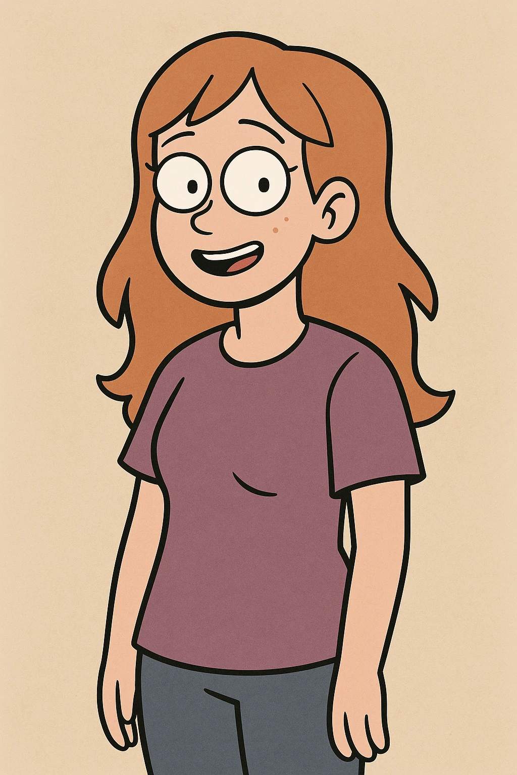 A girl wearing wearing his purple t-shirts emoji