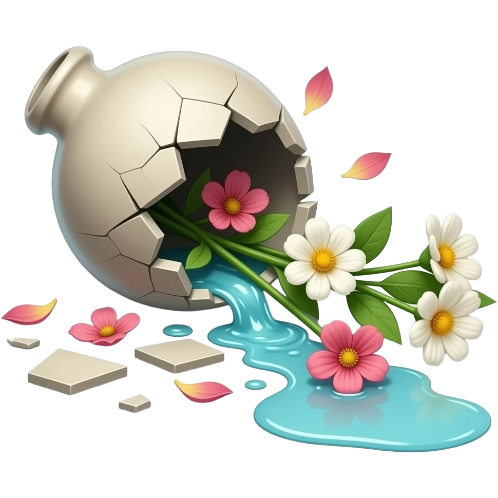 A shattered vase on the floor, broken into pieces. Flowers scattered around with petals and bent stems, water spilled creating small puddles. emoji