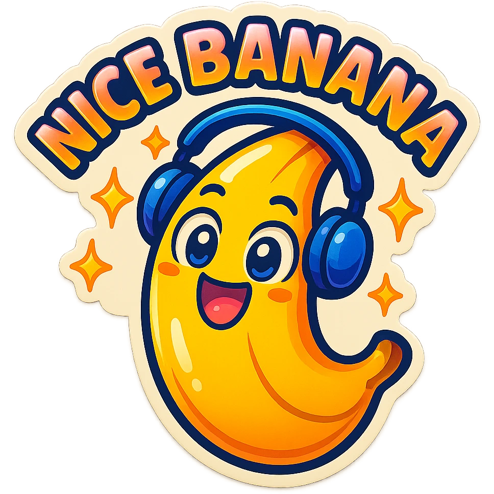 Funny cartoon banana, big happy smiling face, wearing tiny headphones, wide excited eyes, tiny sparkles around, text above: "NE BANANA", chibi style, Twitch emoji style, colorful, transparent background emoji