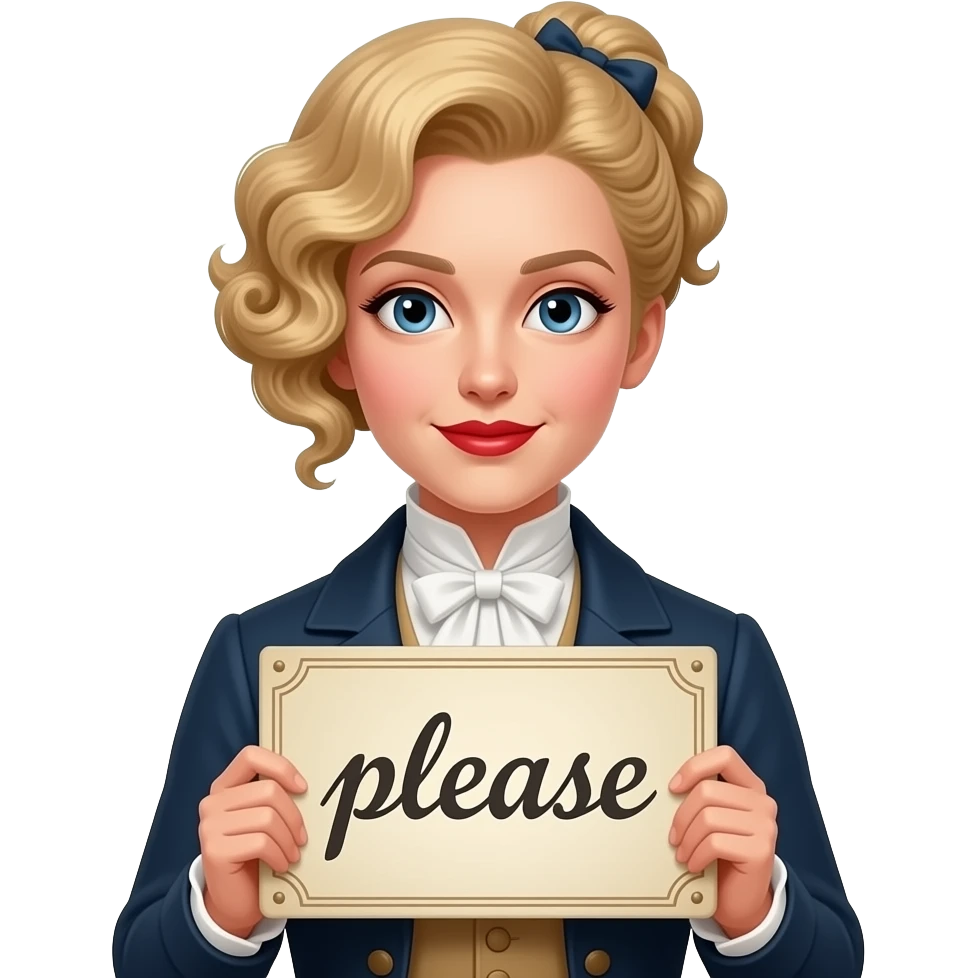 short blonde with spiral curly hair side swept bob pinned up with a vintage sign saying please in an 1800 outfit in red lipstick emoji